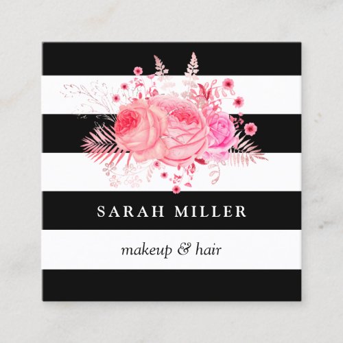 Stylish floral black white stripes makeup  hair square business card