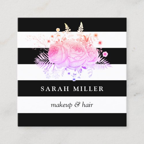 Stylish floral black white stripes makeup  hair square business card