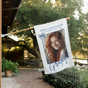 Stylish Floral Blue Bow 2026 Graduate Photo House Flag
