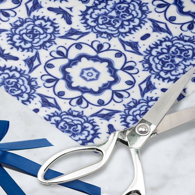 Stylish Floral Blue on White Painted Pottery Style Tissue Paper (Creator Uploaded)