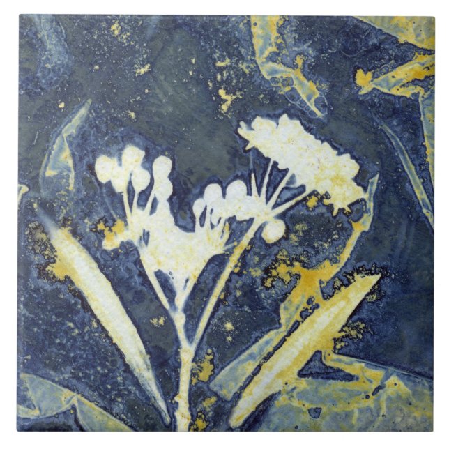 Stylish Floral Botanical Cyanotype Ceramic Tile (Front)