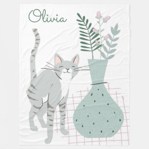 Stylish Floral Cat Lover Illustration Personalized Fleece Blanket