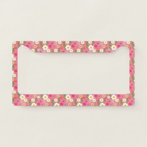 Stylish Floral Daisy Illustration Pattern in Pink  License Plate Frame