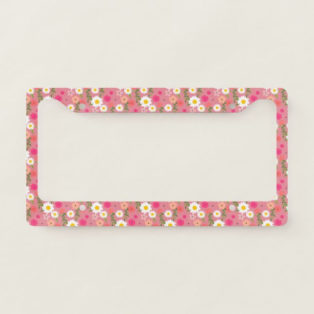 Stylish Floral Daisy Illustration Pattern in Pink  License Plate Frame (Front)