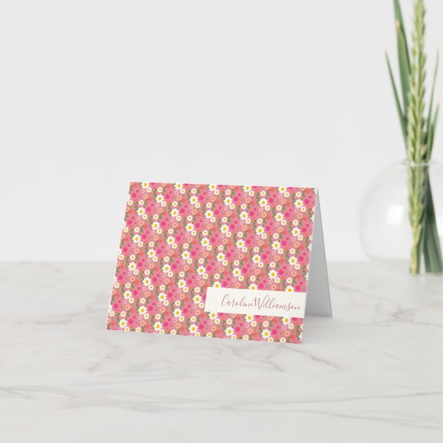 Stylish Floral Daisy Pattern in Pink Personalized Note Card (Front)