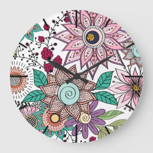 Stylish floral doodles vibrant design large clock