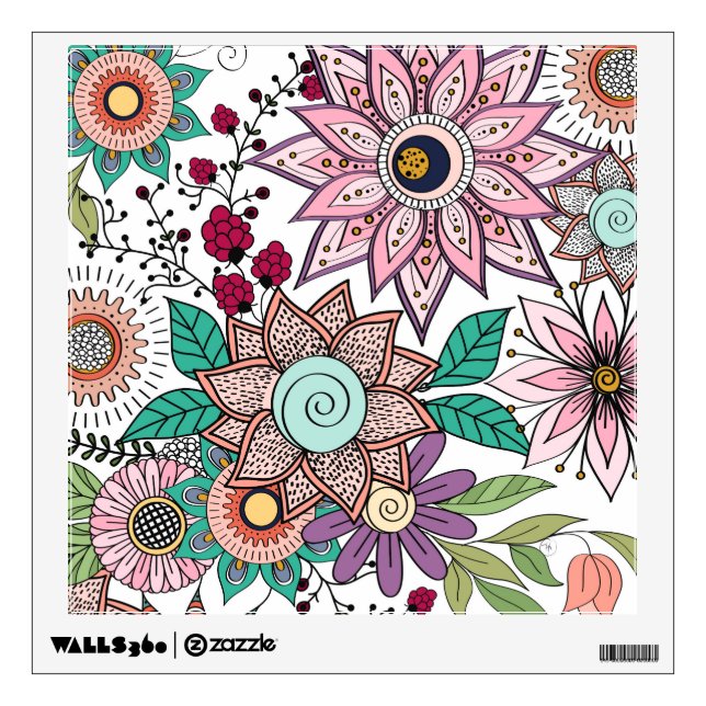 Stylish floral doodles vibrant design wall decal (Front)