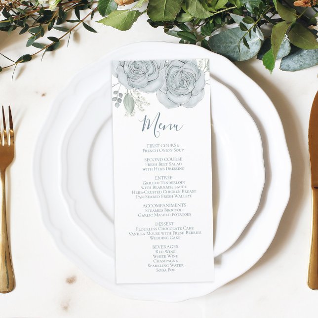 Stylish Floral Dusty Blue Rose Elegant Simple Menu (Creator Uploaded)
