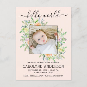 Stylish Floral Frame Photo Birth Announcement