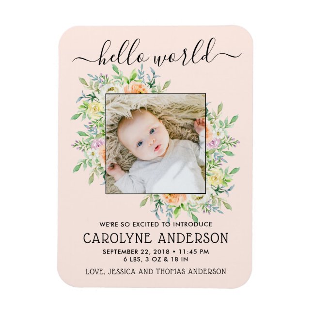 Stylish Floral Frame Photo Birth Announcement Magnet (Vertical)