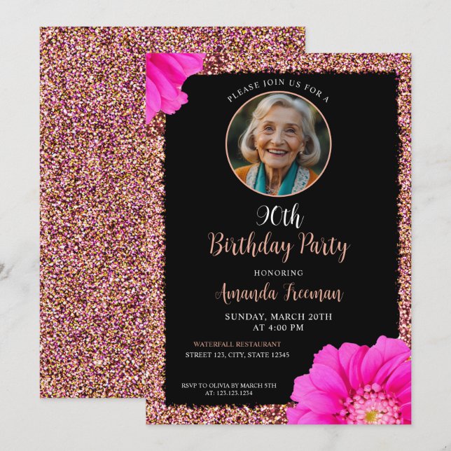 Stylish Floral Glitter 90th Birthday Invitation (Front/Back)