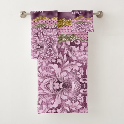 Stylish floral glittery Purple pink gold monogram Bath Towel Set