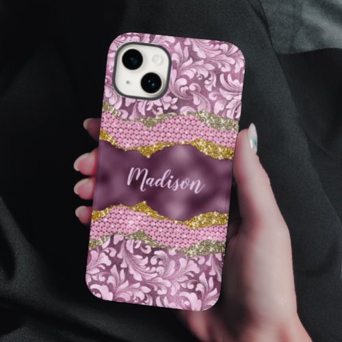 Stylish floral glittery Purple pink gold monogram  Case_Mate iPhone 14 Case