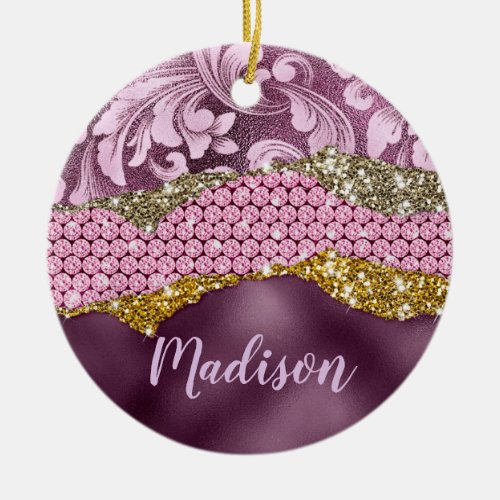 Stylish floral glittery Purple pink gold monogram Ceramic Ornament
