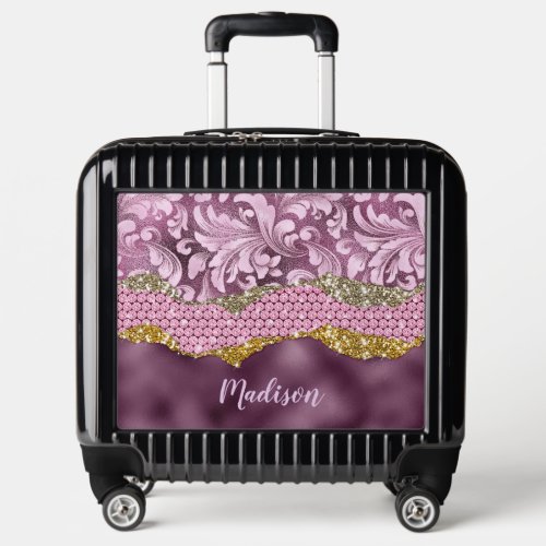 Stylish floral glittery Purple pink gold monogram Luggage