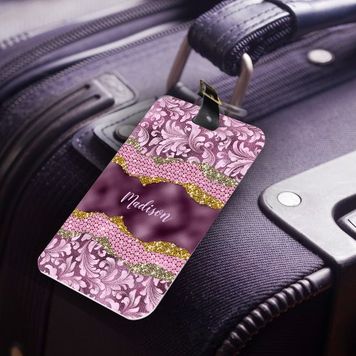Stylish floral glittery Purple pink gold monogram  Luggage Tag