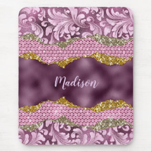 Stylish floral glittery Purple pink gold monogram Mouse Pad