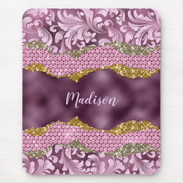Stylish floral glittery Purple pink gold monogram Mouse Pad (Front)