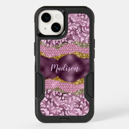 Stylish floral glittery Purple pink gold monogram  OtterBox iPhone 14 Case