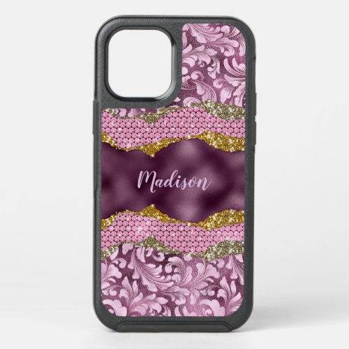 Stylish floral glittery Purple pink gold monogram  OtterBox Symmetry iPhone 12 Pro Case