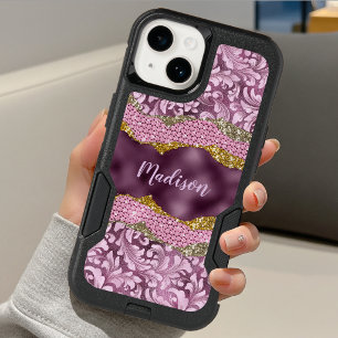 Stylish floral glittery Purple pink gold monogram OtterBox iPhone 14 Case
