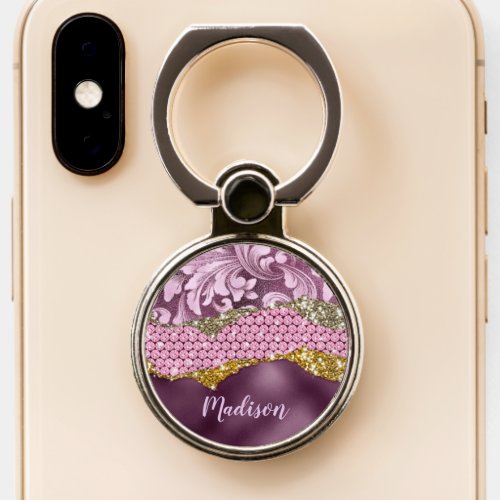 Stylish floral glittery Purple pink gold monogram  Phone Ring Stand