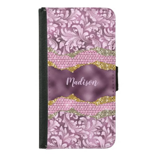 Stylish floral glittery Purple pink gold monogram  Samsung Galaxy S5 Wallet Case