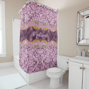 Stylish floral glittery Purple pink gold monogram Shower Curtain