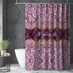 Stylish floral glittery Purple pink gold monogram Shower Curtain
