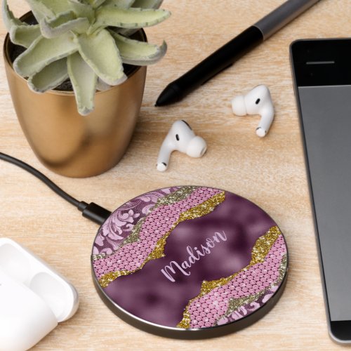 Stylish floral glittery Purple pink gold monogram  Wireless Charger