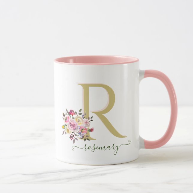 Stylish Floral Gold Pink YOUR Monogram Name     Mug (Right)
