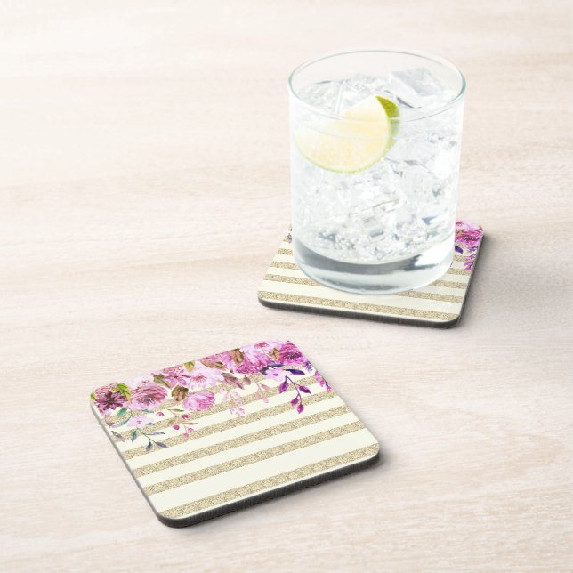 Stylish Floral Gold Striped  Beverage Coaster (Right Side)