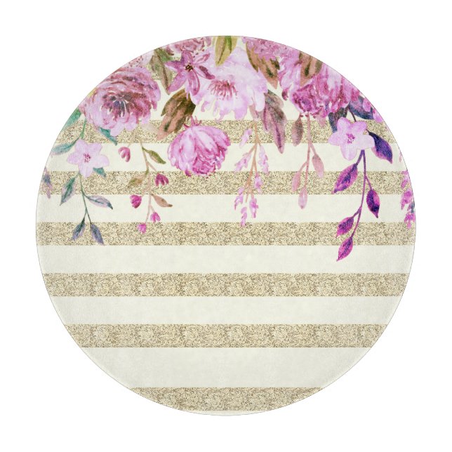 Stylish Floral Gold Striped Cutting Board (Front)