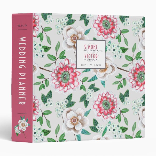 Stylish Floral grey Wedding Planner 3 Ring Binder (Front/Spine)
