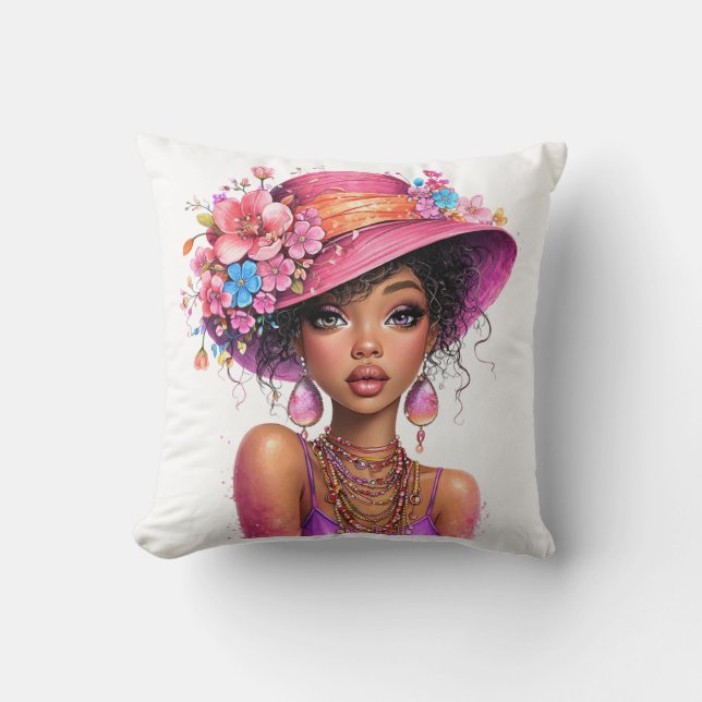 Stylish Floral Hat Woman Vibrant Portrait Art Throw Pillow (Front)