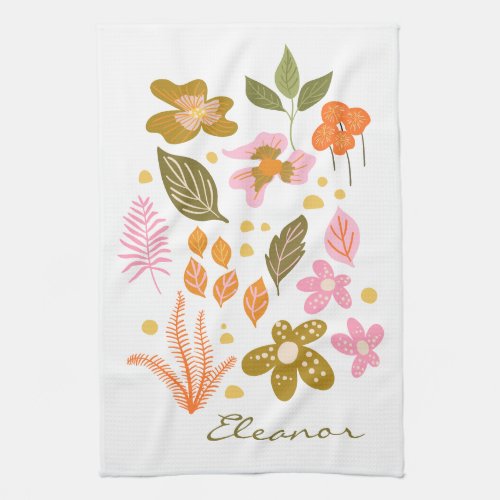 Stylish Floral Illustration Pink Green Custom Name Kitchen Towel