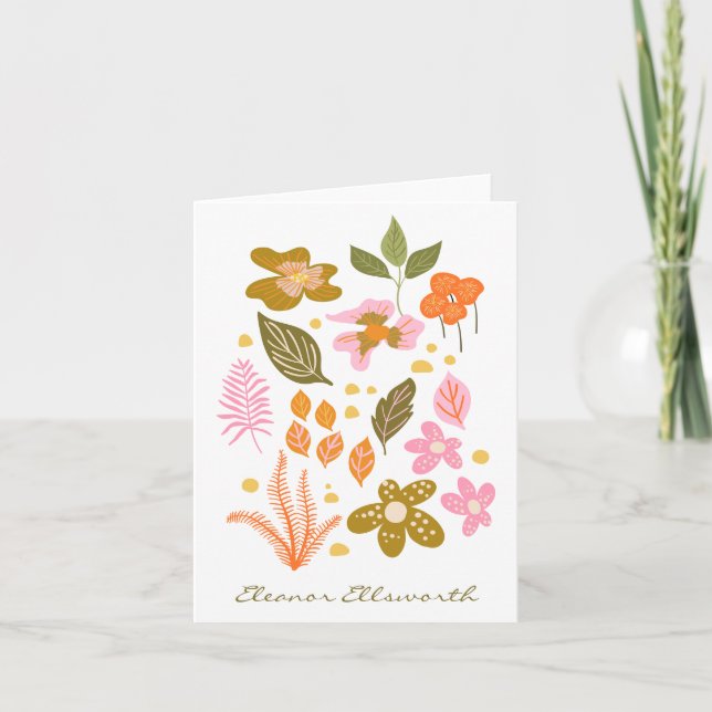 Stylish Floral Illustration Pink Green Custom Name Note Card (Front)