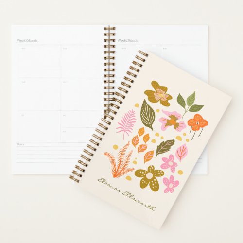 Stylish Floral Illustration Pink Green Custom Name Planner