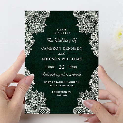 Stylish Floral Lace Elegant Emerald Wedding Invitation