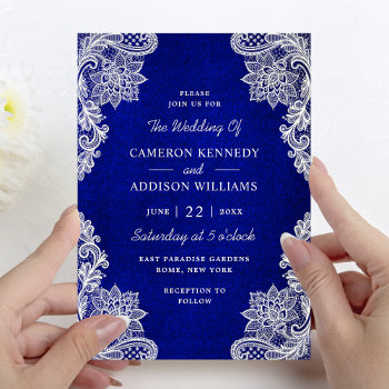 Stylish Floral Lace Royal Blue Wedding Invitation by girlygirlgraphics at Zazzle