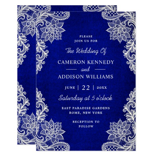 Stylish Floral Lace Royal Blue Wedding Invitation | Zazzle.com