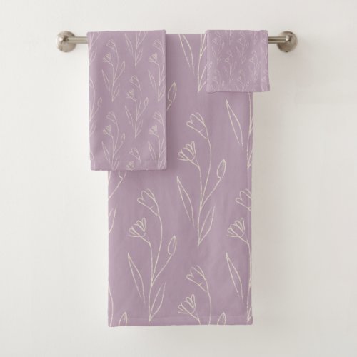 Stylish Floral Line Art Drawing in Dusty Lilac  Bath Towel Set