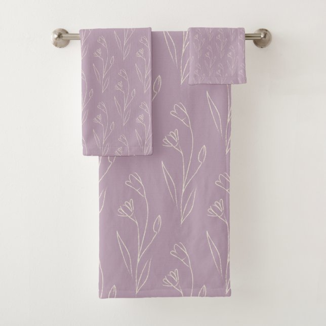Stylish Floral Line Art Drawing in Dusty Lilac  Bath Towel Set (Insitu)