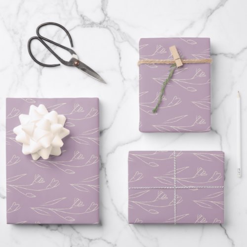 Stylish Floral Line Art Drawing in Dusty Lilac Wrapping Paper Sheets