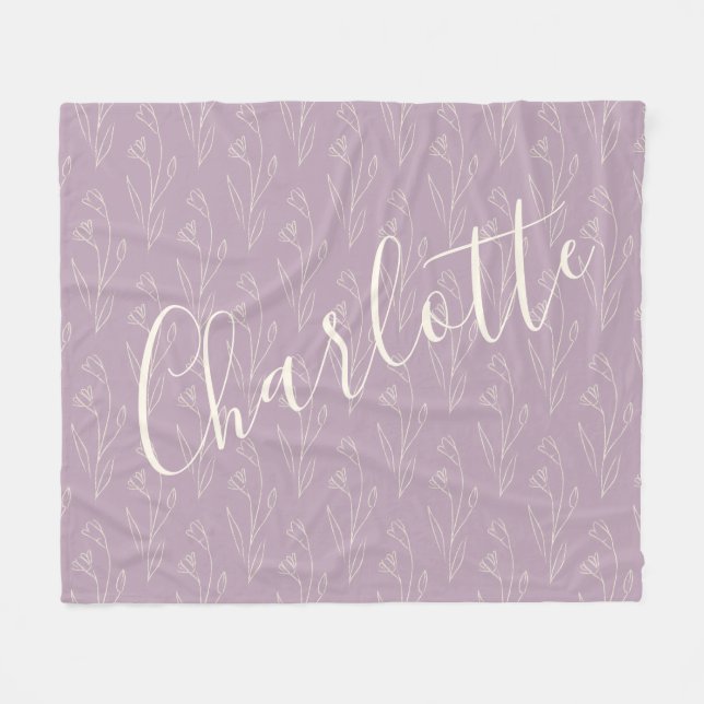 Stylish Floral Line Art Personalized Dusty Lilac  Fleece Blanket (Front (Horizontal))