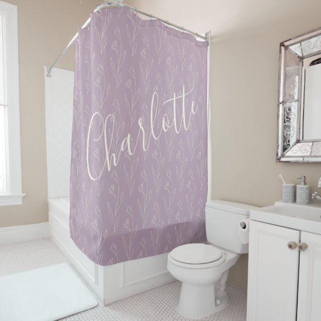 Stylish Floral Line Art Personalized Dusty Lilac   Shower Curtain (In Situ)