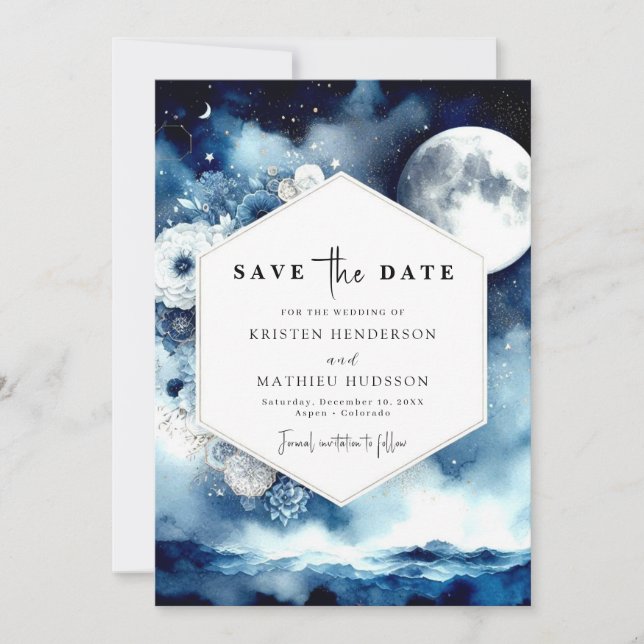 Stylish Floral Moonlit Wedding Save The Date (Front)