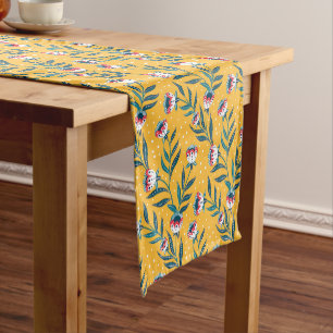 Stylish Floral Motif with Dots and Green Leaves Short Table Runner
