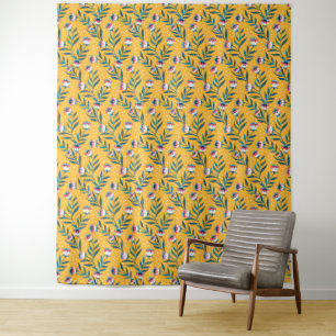 Stylish Floral Motif with Dots and Green Leaves Tapestry