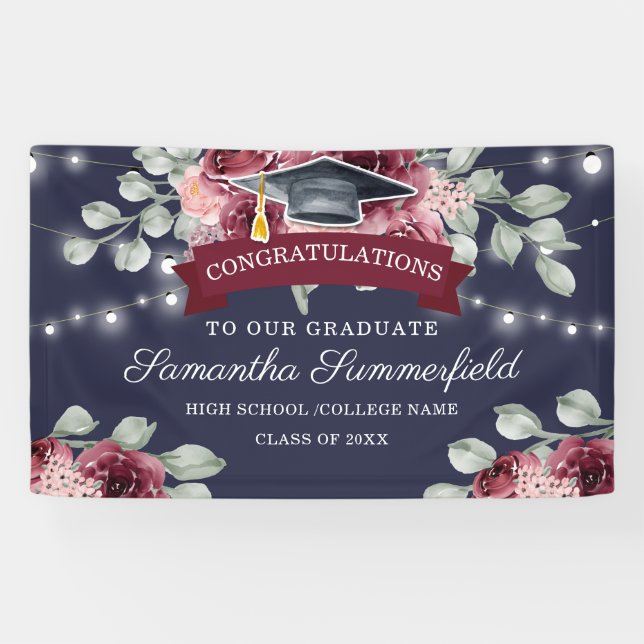 Stylish Floral Navy Class of 2022 Graduation Banner (Horizontal)